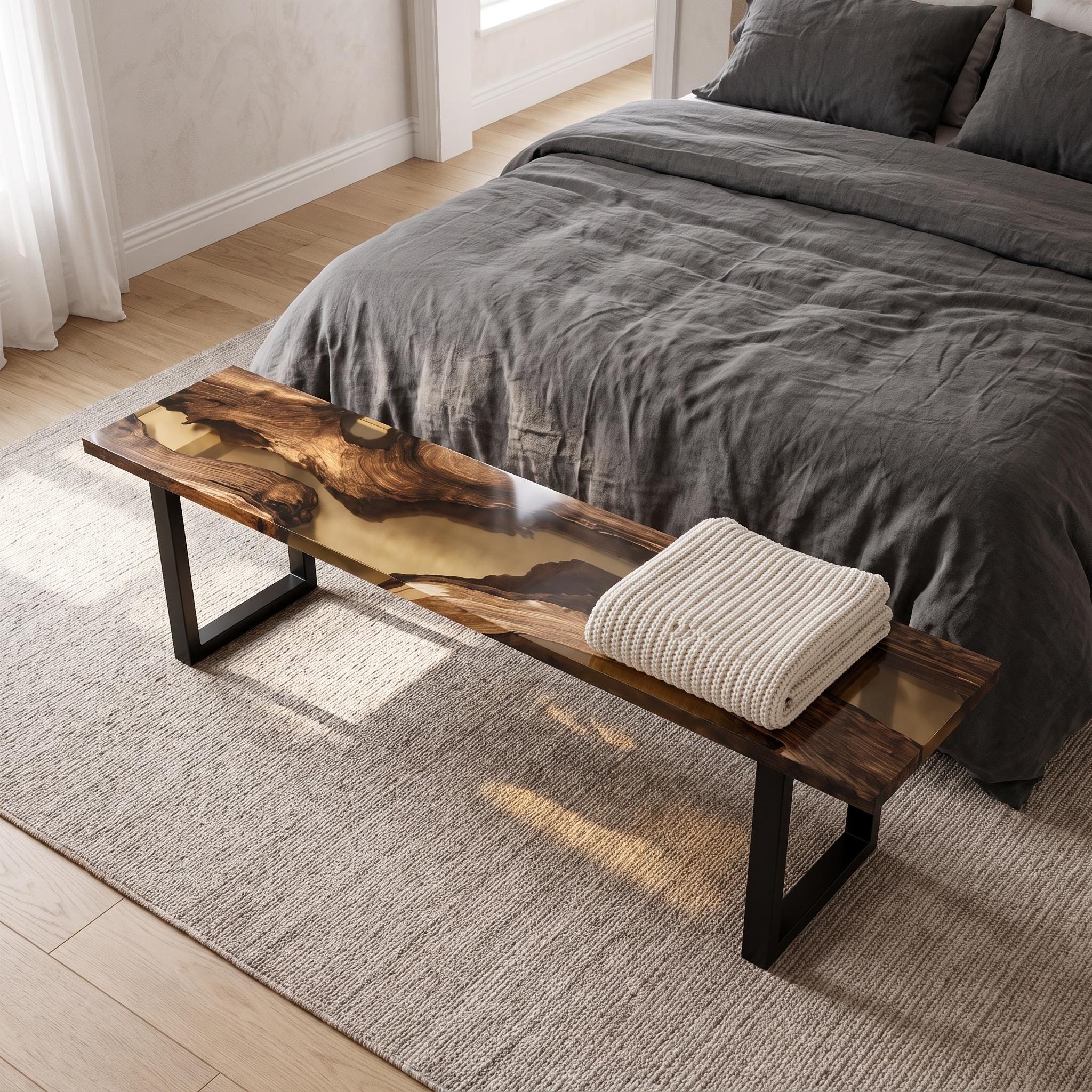 Custom Walnut Live Edge Epoxy Bench, Resin Furniture for Dining Entryways