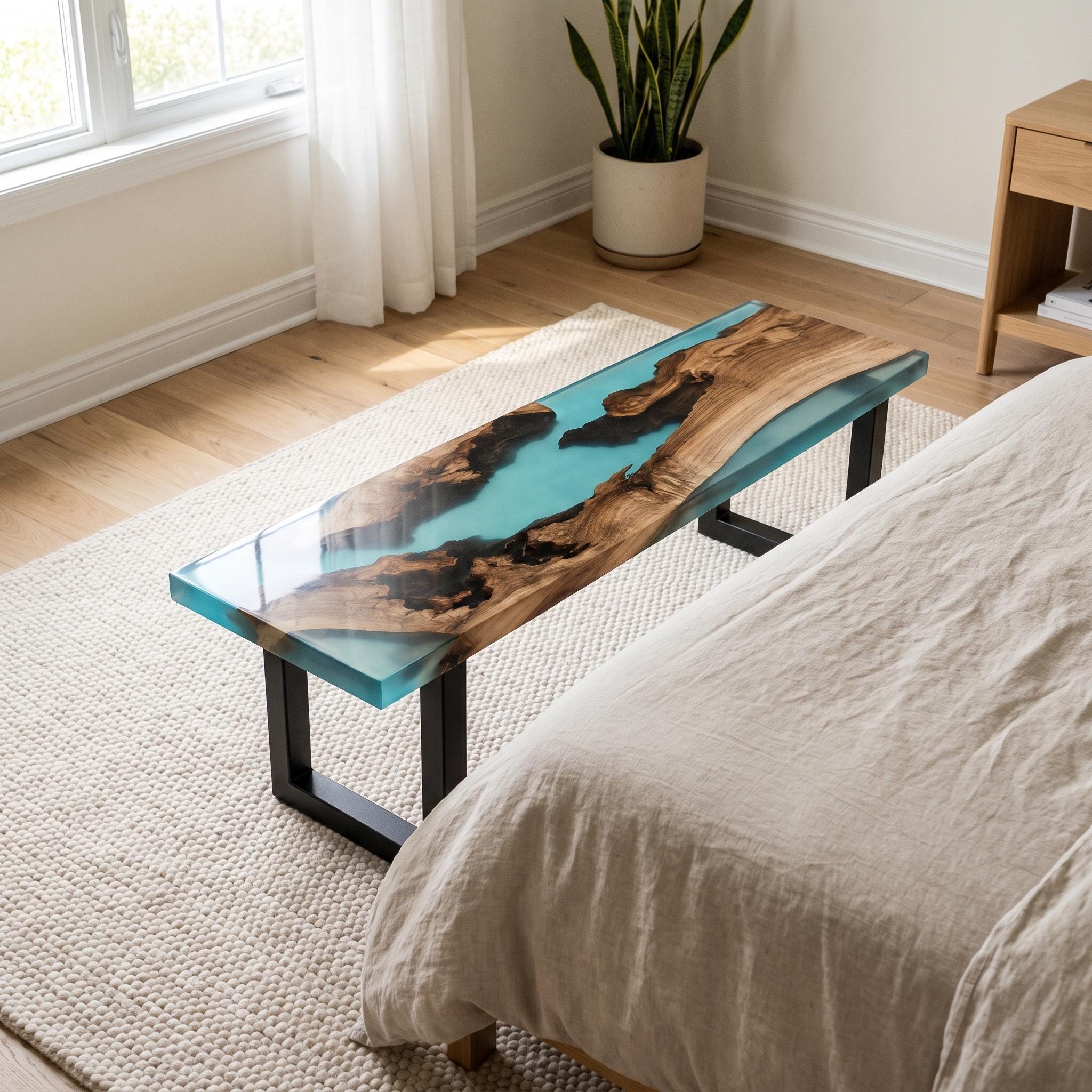 Custom Walnut Live Edge Epoxy Bench, Resin Furniture for Dining Entryways