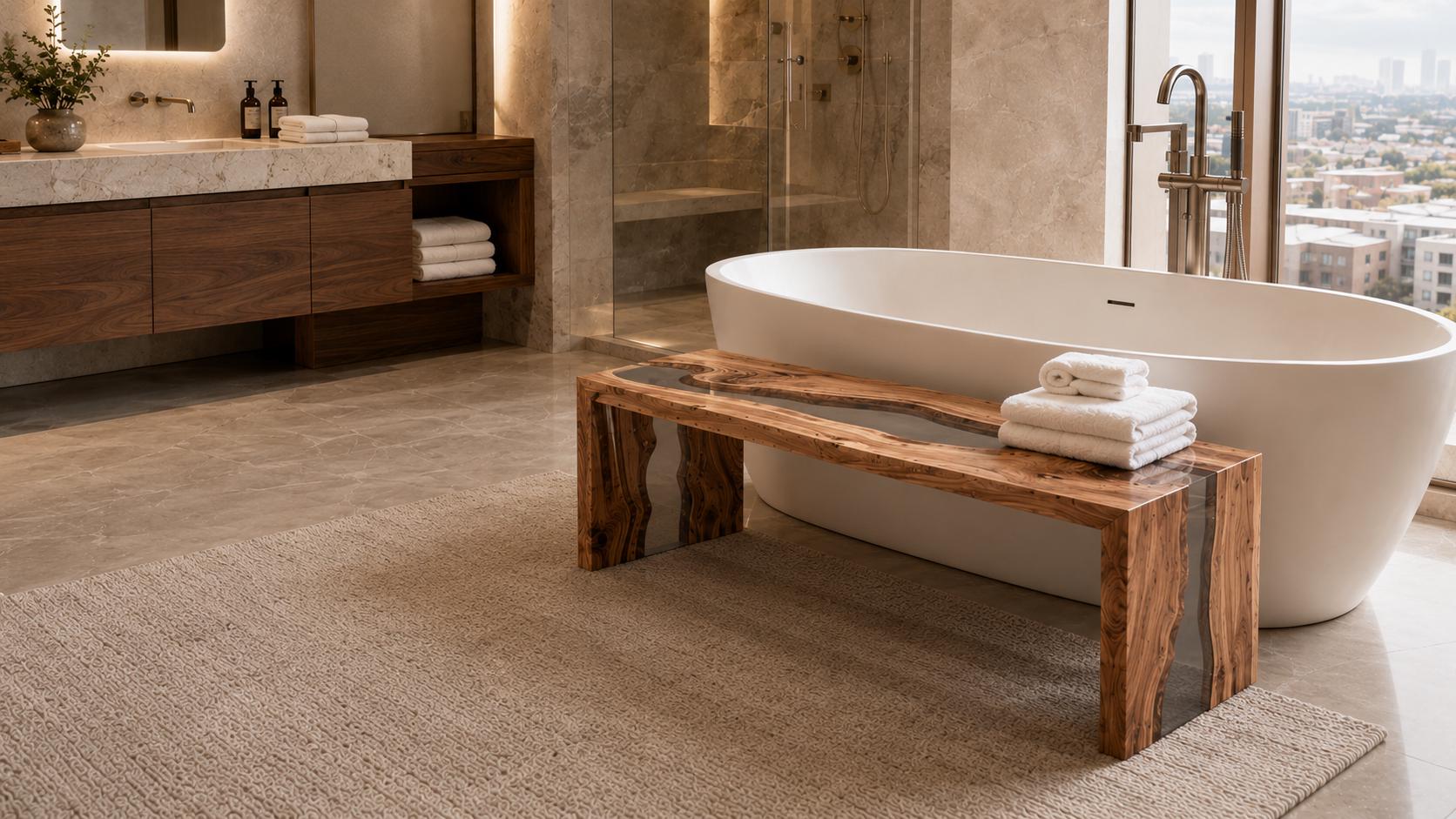 Custom Walnut Epoxy Waterfall Bench, Live Edge Resin River Bed End or Entryway Bench