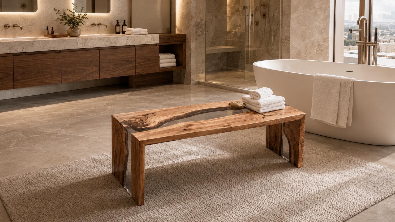 Custom Walnut Epoxy Waterfall Bench, Live Edge Resin River Bed End or Entryway Bench
