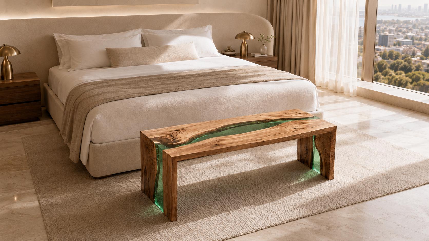 Custom Walnut Epoxy Waterfall Bench, Live Edge Resin River Bed End or Entryway Bench