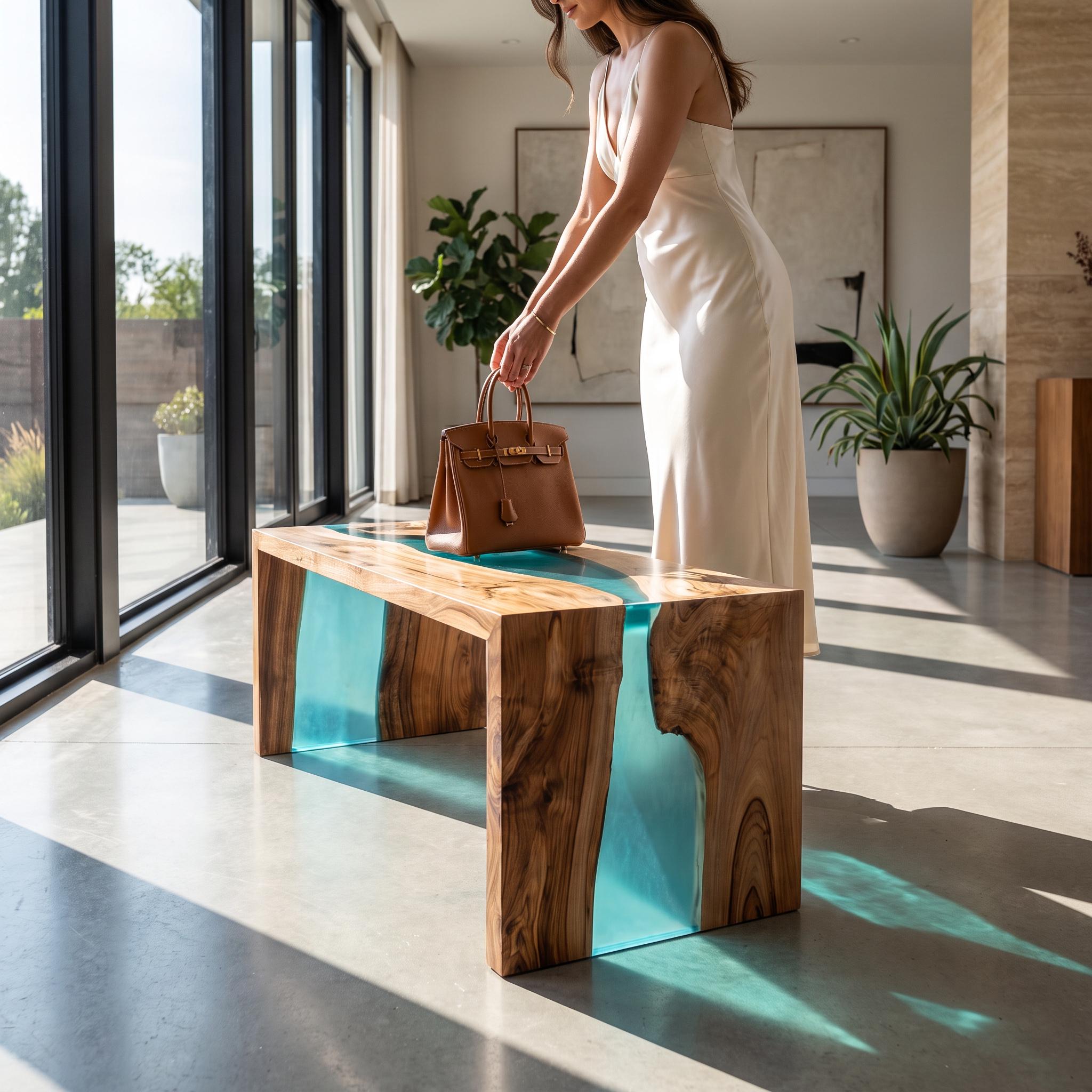 Custom Walnut Epoxy Waterfall Bench, Live Edge Resin River Bed End or Entryway Bench