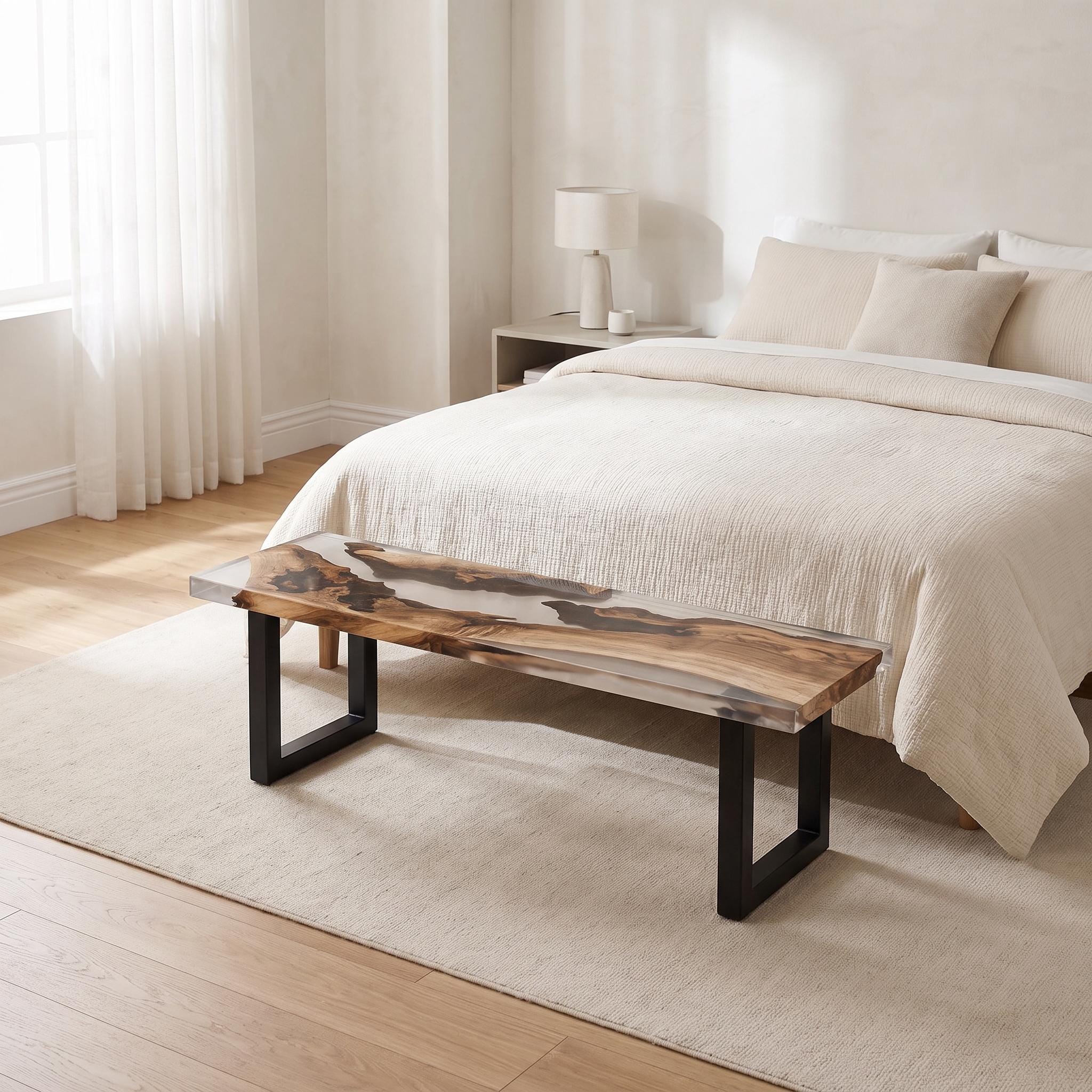 Custom Walnut Live Edge Epoxy Bench, Resin Furniture for Dining Entryways