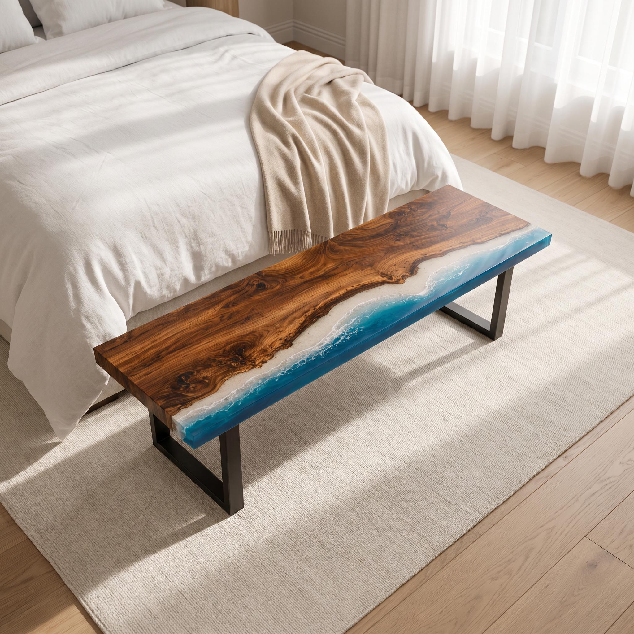 Custom Walnut Ocean Epoxy Bench, Live Edge Resin Wave Entryway or Bedroom Bench
