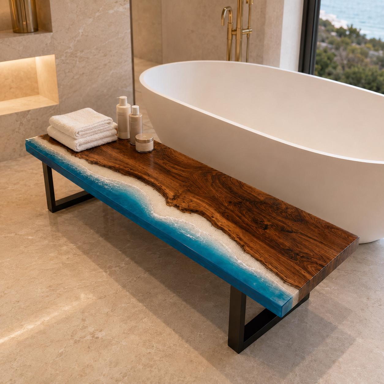 Custom Walnut Ocean Epoxy Bench, Live Edge Resin Wave Entryway or Bedroom Bench