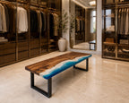Custom Walnut Ocean Epoxy Bench, Live Edge Resin Wave Entryway or Bedroom Bench