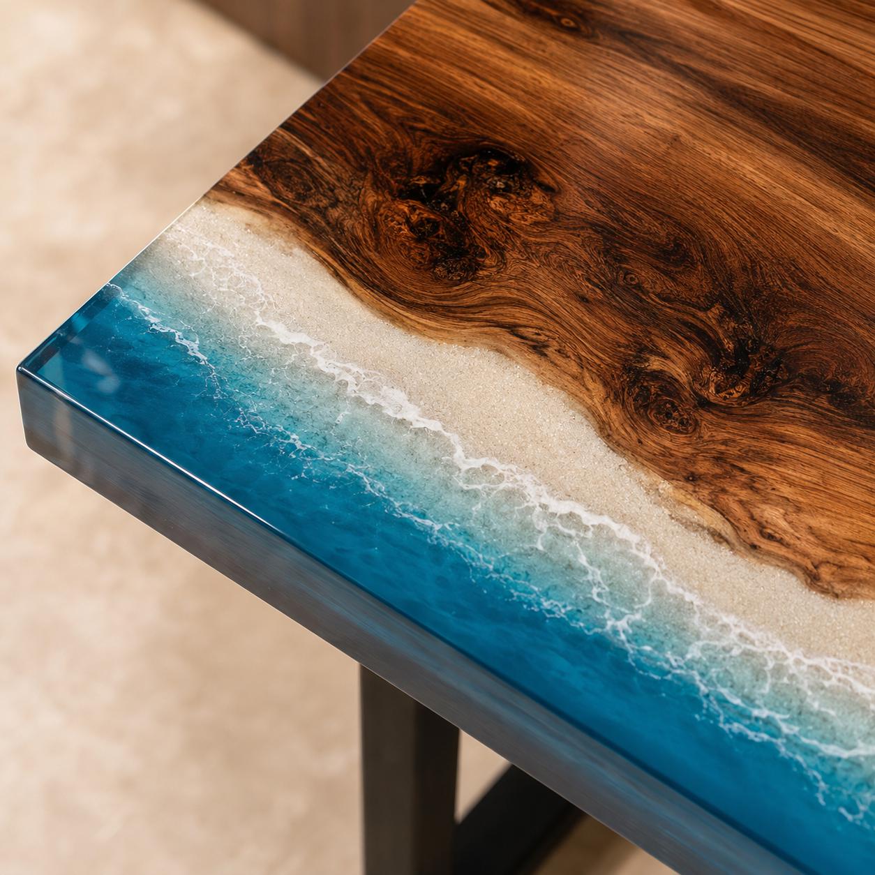 Custom Walnut Ocean Epoxy Bench, Live Edge Resin Wave Entryway or Bedroom Bench