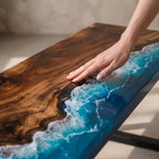 Custom Walnut Ocean Epoxy Bench, Live Edge Resin Wave Entryway or Bedroom Bench