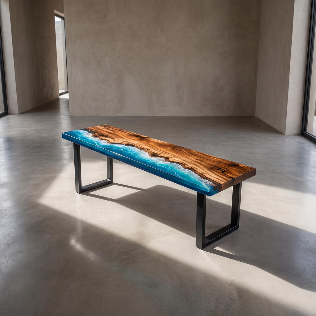 Custom Walnut Ocean Epoxy Bench, Live Edge Resin Wave Entryway or Bedroom Bench