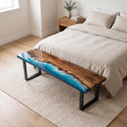 Custom Walnut Ocean Epoxy Bench, Live Edge Resin Wave Entryway or Bedroom Bench