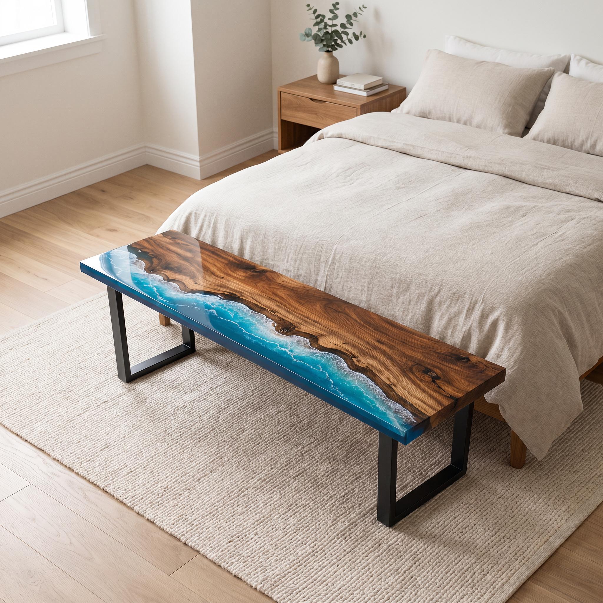 Custom Walnut Ocean Epoxy Bench, Live Edge Resin Wave Entryway or Bedroom Bench