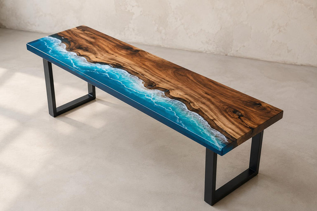 Custom Walnut Ocean Epoxy Bench, Live Edge Resin Wave Entryway or Bedroom Bench