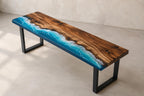 Custom Walnut Ocean Epoxy Bench, Live Edge Resin Wave Entryway or Bedroom Bench