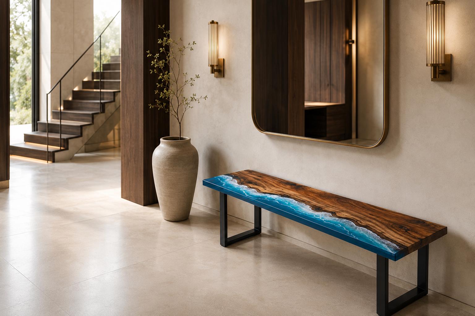 Custom Walnut Ocean Epoxy Bench, Live Edge Resin Wave Entryway or Bedroom Bench