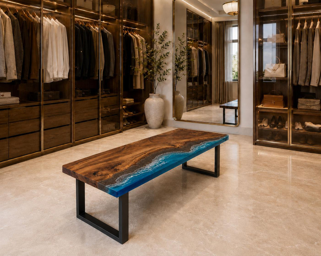 Custom Walnut Ocean Epoxy Bench, Live Edge Resin Wave Entryway or Bedroom Bench