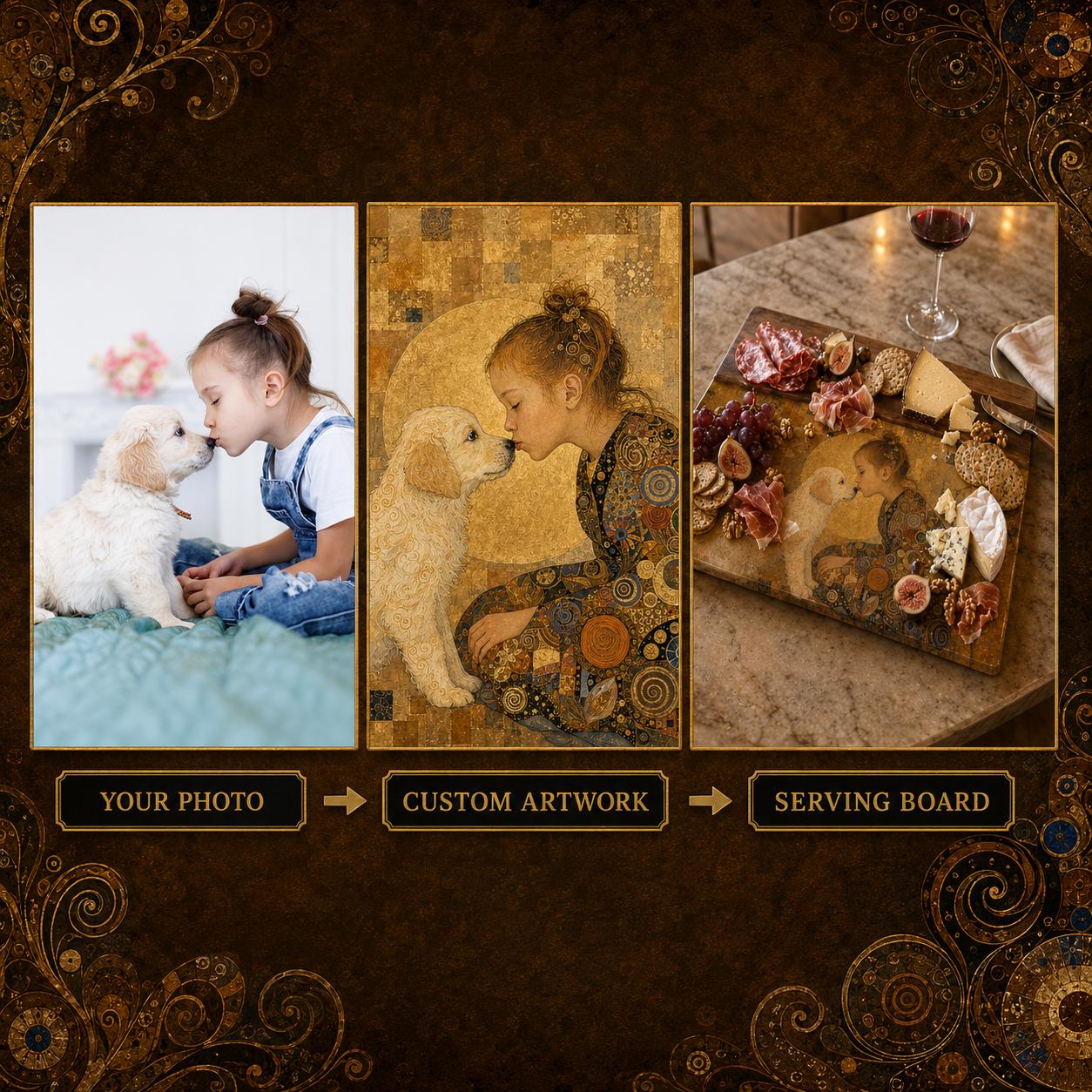 Custom Photo Serving Board, Klimt Inspired Walnut Resin Art, Personalized Portrait Gift