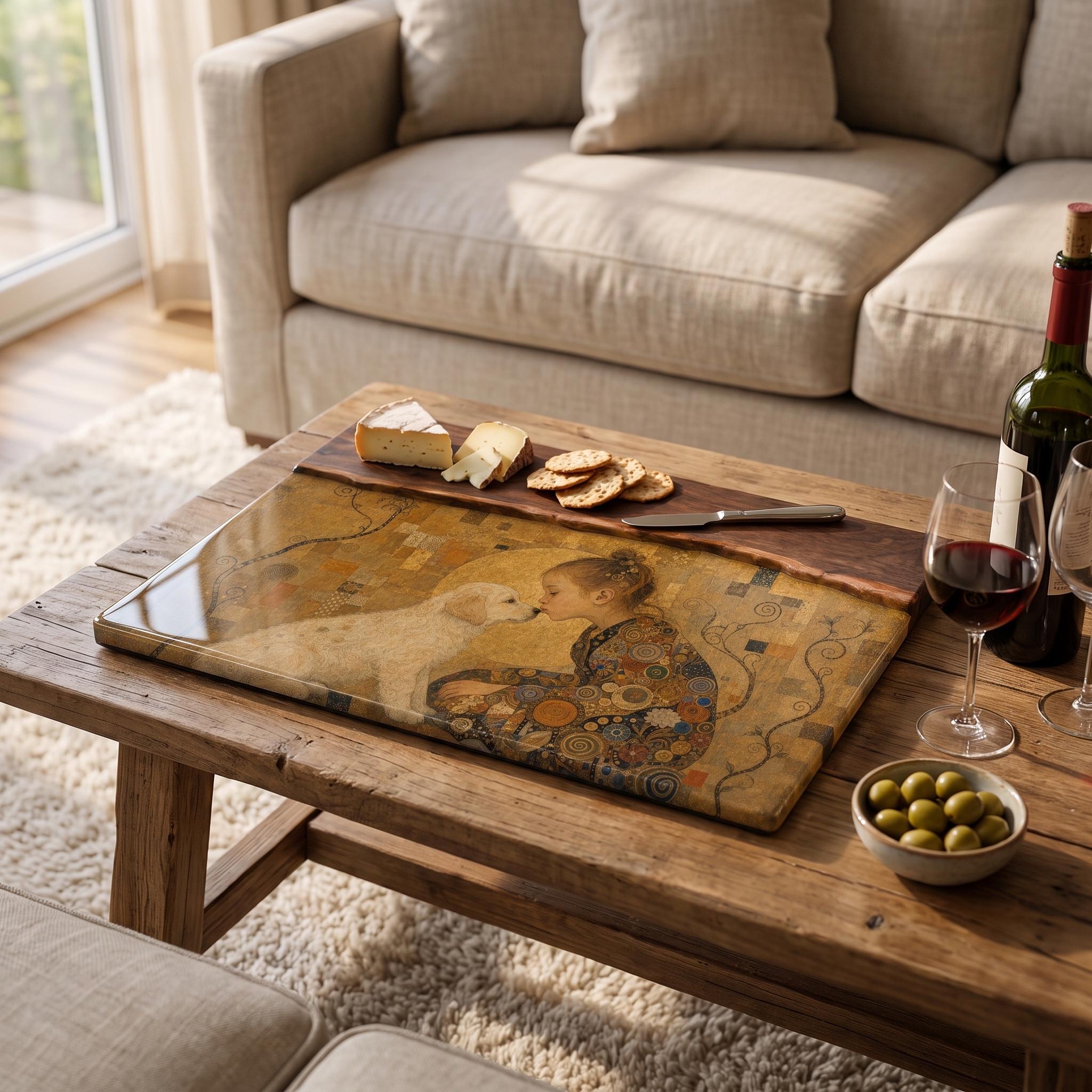 Custom Photo Serving Board, Klimt Inspired Walnut Resin Art, Personalized Portrait Gift