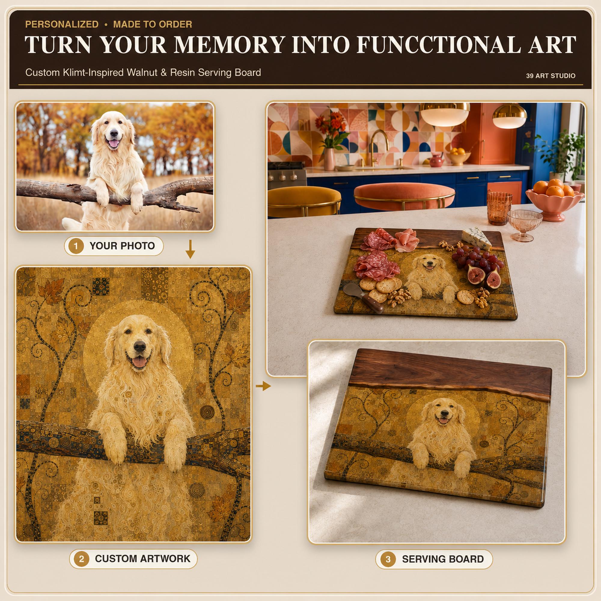 Custom Photo Serving Board, Klimt Inspired Walnut Resin Art, Personalized Portrait Gift