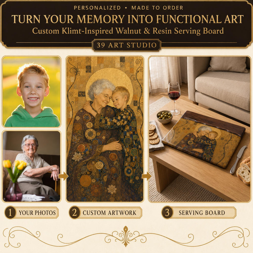 Custom Photo Serving Board, Klimt Inspired Walnut Resin Art, Personalized Portrait Gift