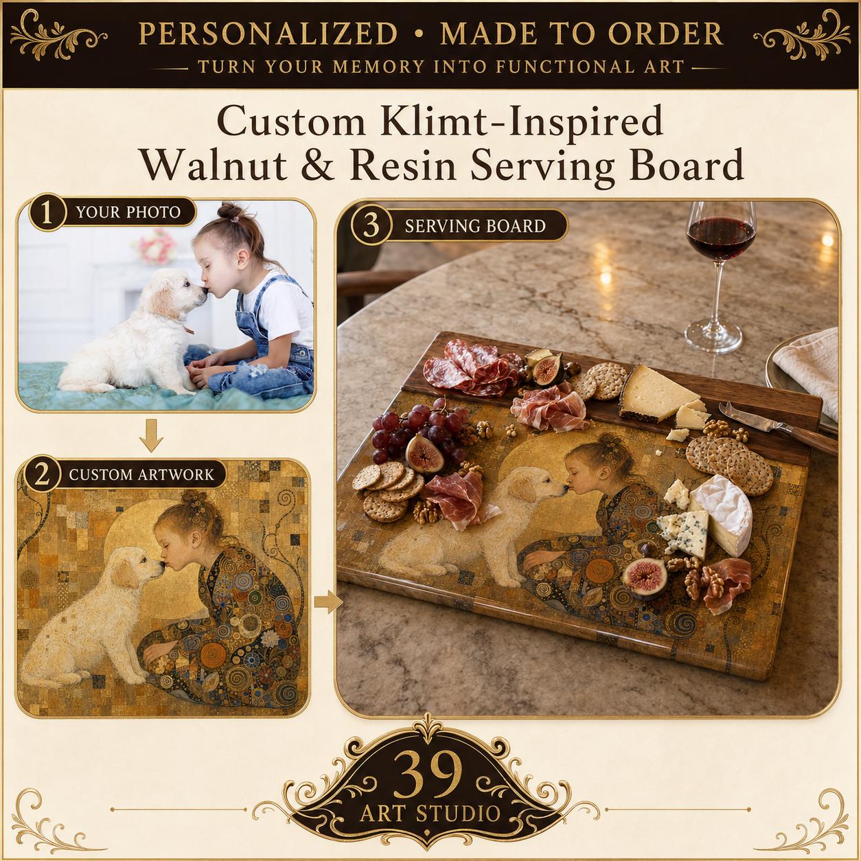Custom Photo Serving Board, Klimt Inspired Walnut Resin Art, Personalized Portrait Gift