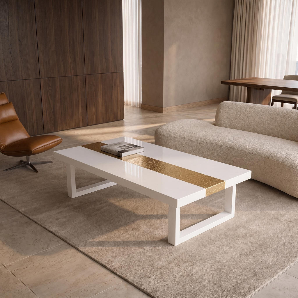Custom White Epoxy Table with Genuine 24K Gold Leaf Stripe | Coffee or Dining Table