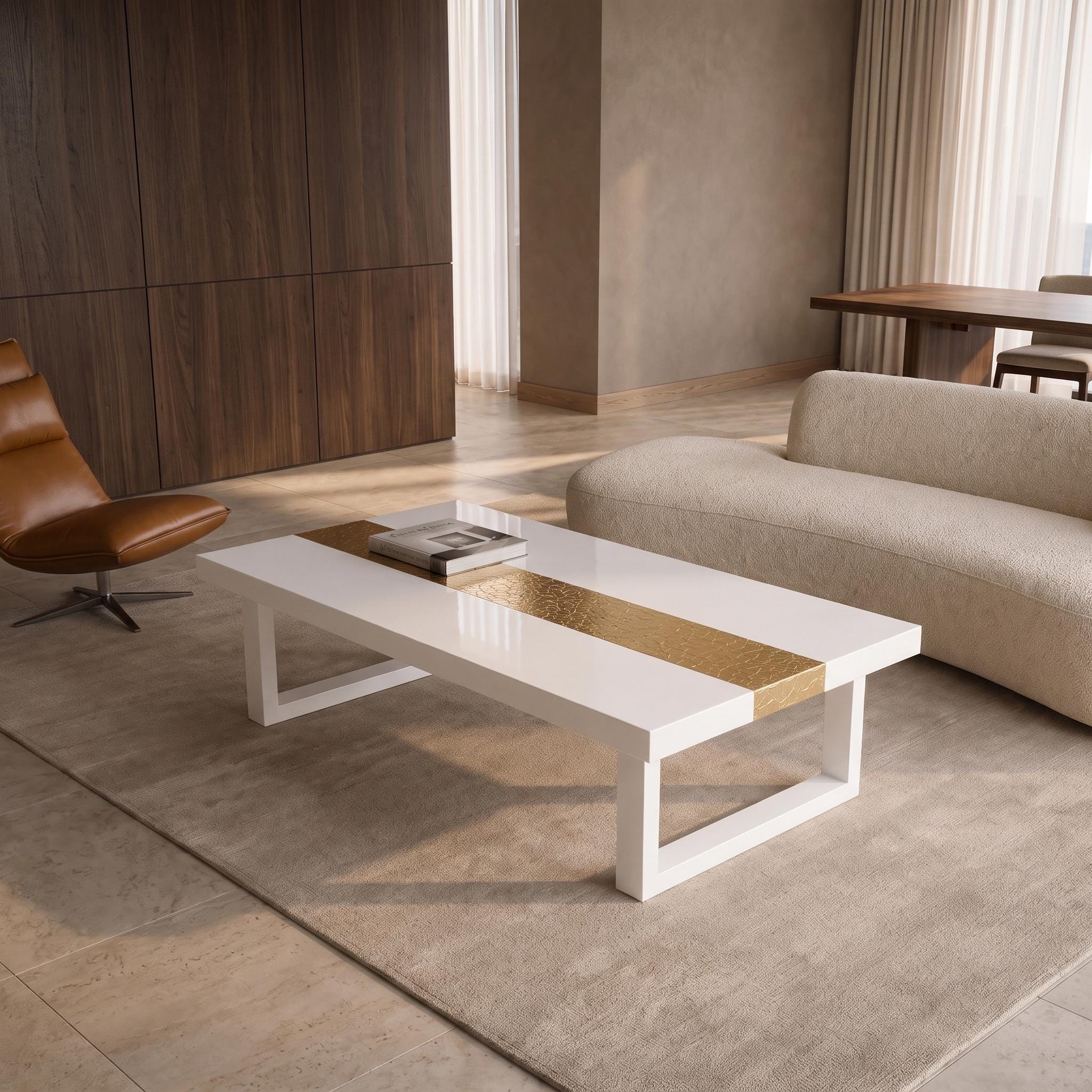 Custom White Epoxy Table with Genuine 24K Gold Leaf Stripe | Coffee or Dining Table