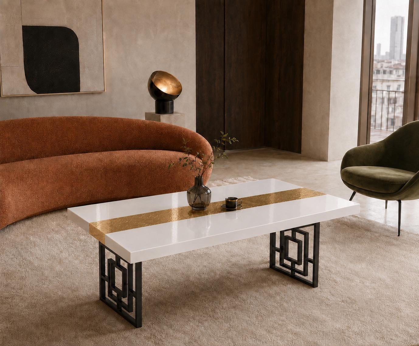 Custom White Epoxy Table with Genuine 24K Gold Leaf Stripe | Coffee or Dining Table