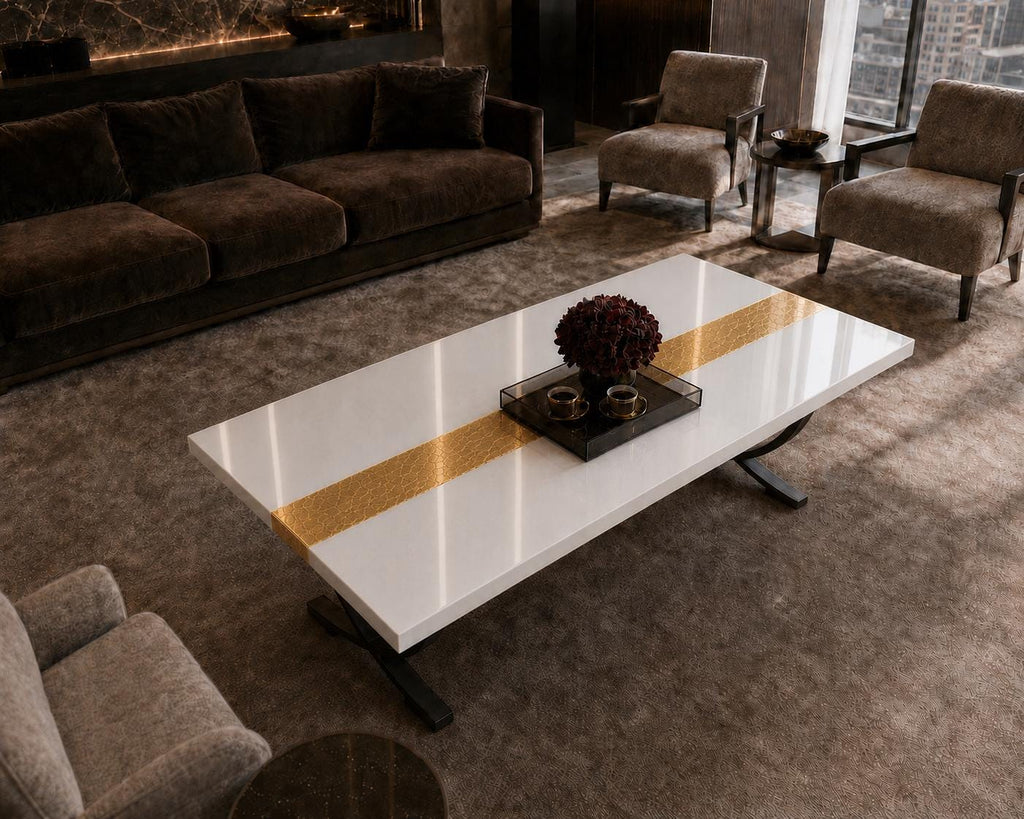 Custom White Epoxy Table with Genuine 24K Gold Leaf Stripe | Coffee or Dining Table