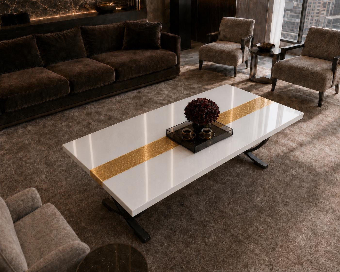 Custom White Epoxy Table with Genuine 24K Gold Leaf Stripe | Coffee or Dining Table