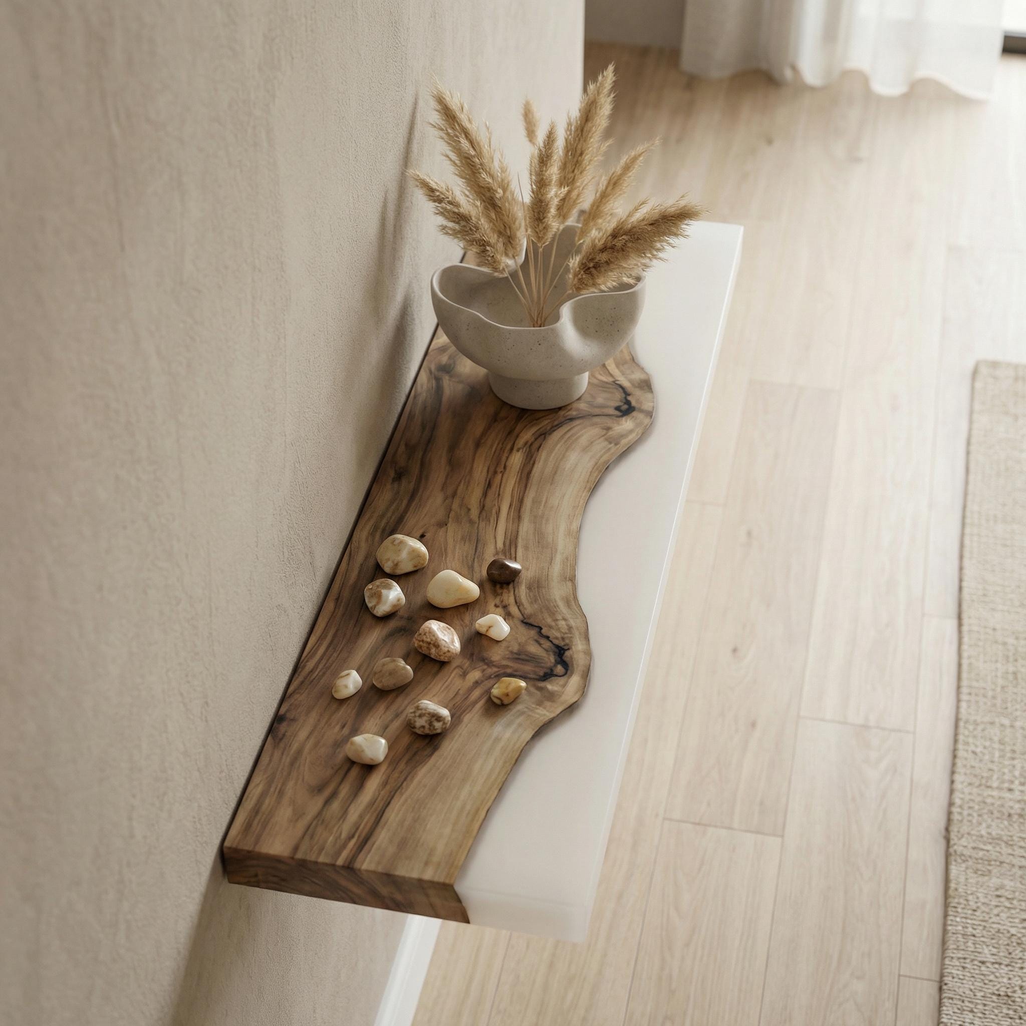 Walnut Epoxy Floating Shelf, Custom Live Edge Wall Shelf in Colors