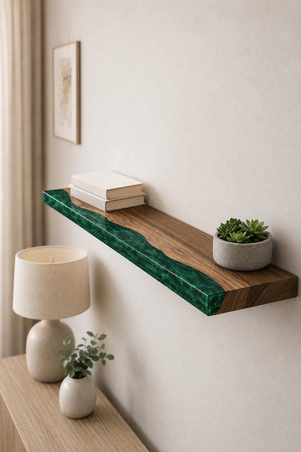 Walnut Epoxy Floating Shelf, Custom Live Edge Wall Shelf in Colors