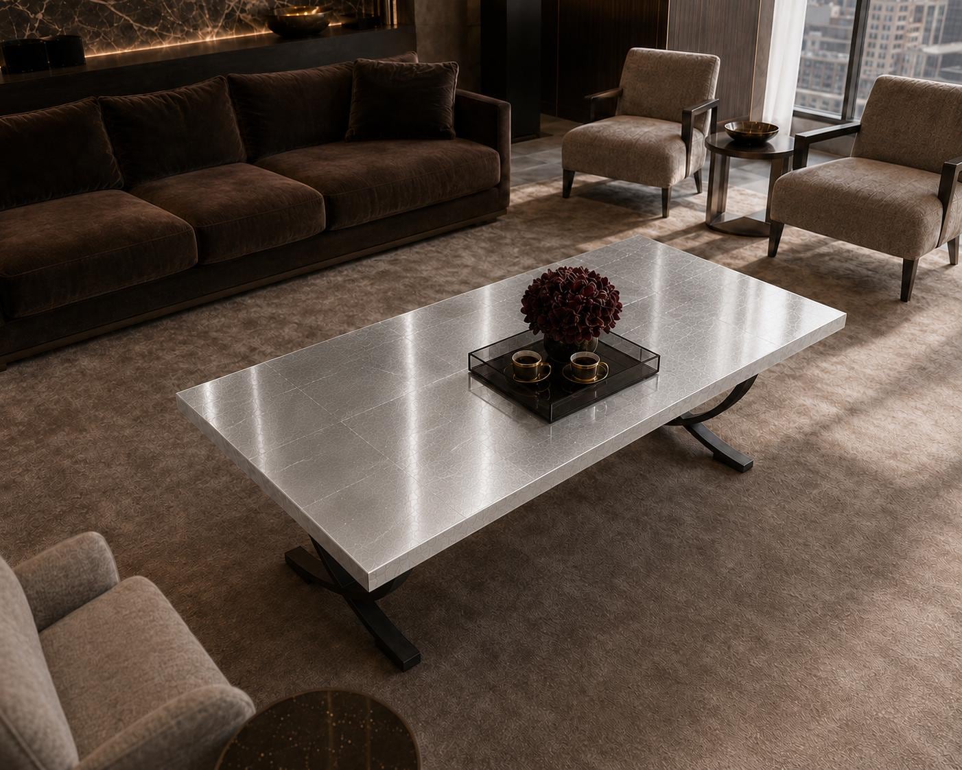 Silver Leaf Epoxy Coffee Table, Custom Resin Center Table with Metal Legs