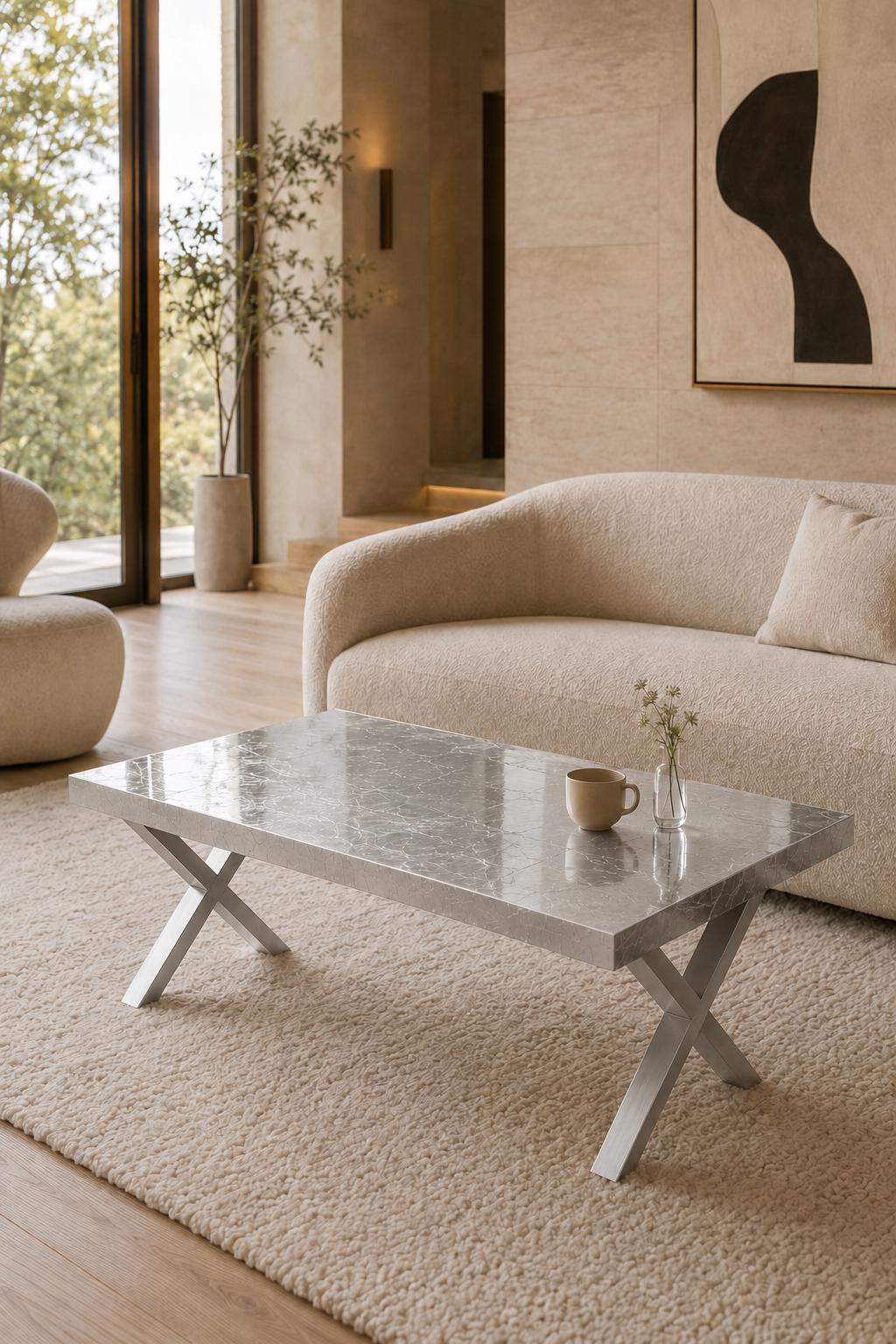 Silver Leaf Epoxy Coffee Table, Custom Resin Center Table with Metal Legs