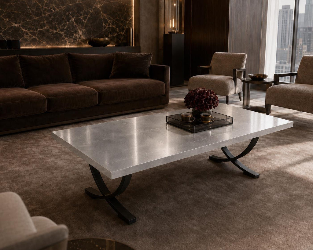 Silver Leaf Epoxy Coffee Table, Custom Resin Center Table with Metal Legs