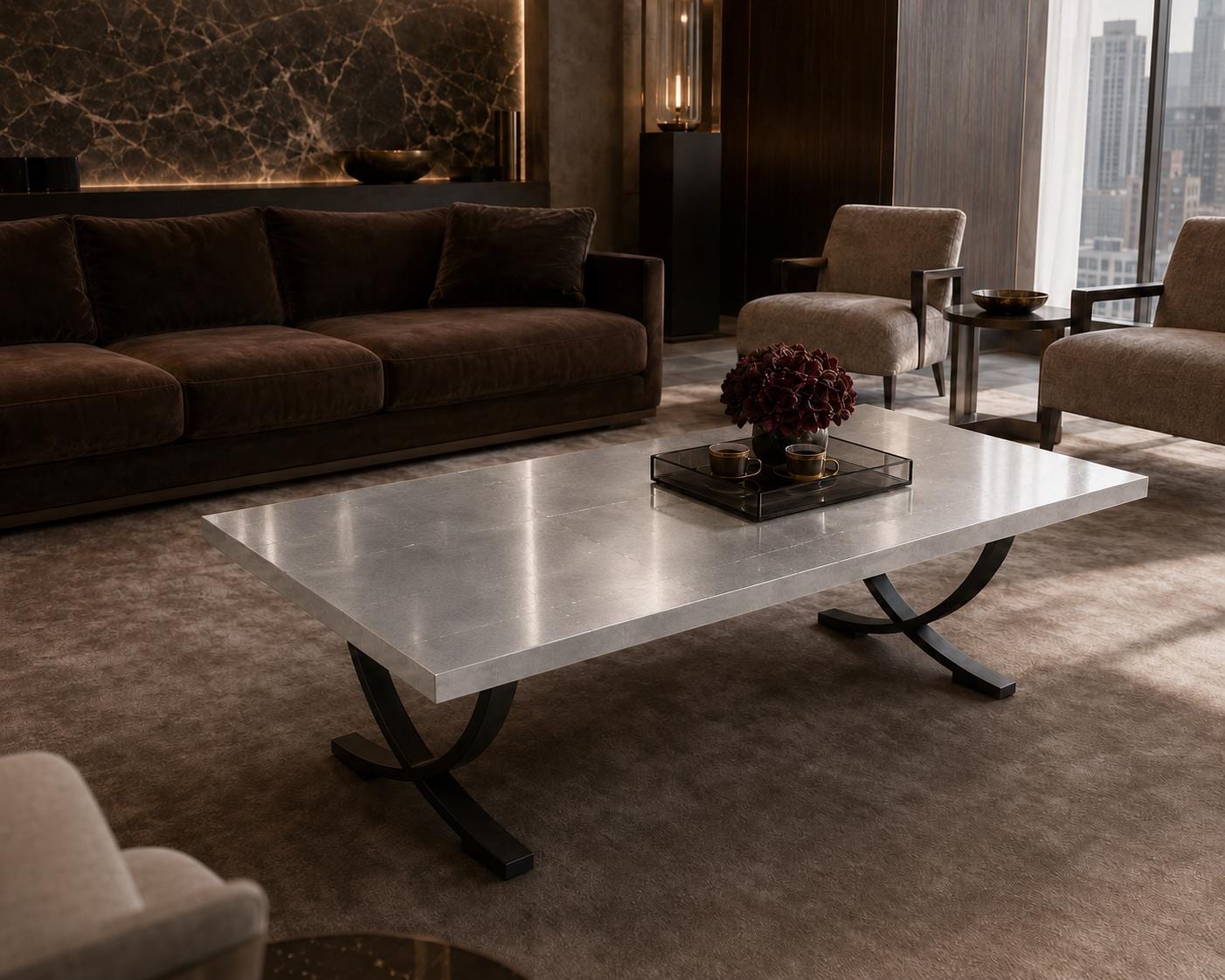 Silver Leaf Epoxy Coffee Table, Custom Resin Center Table with Metal Legs