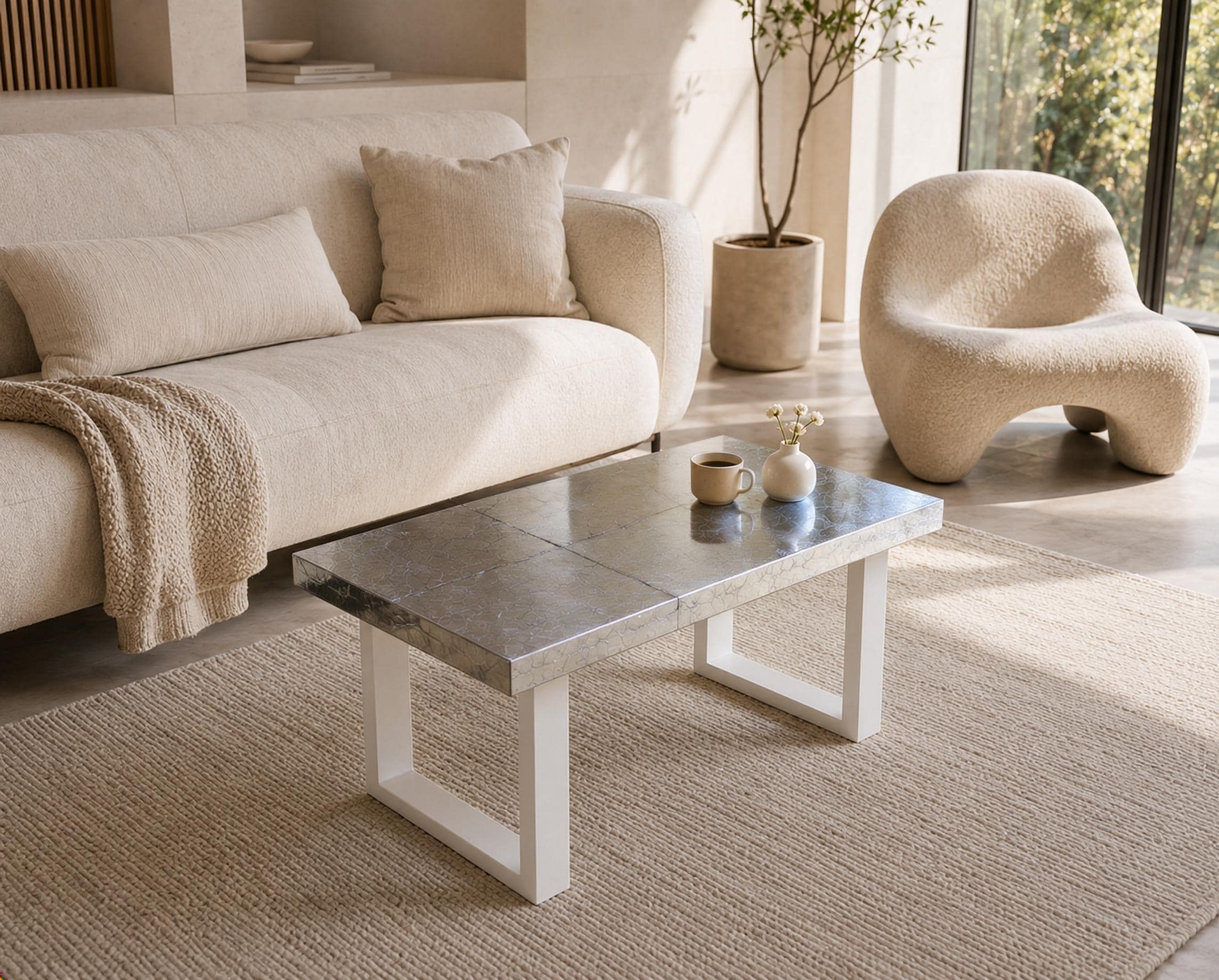 Silver Leaf Epoxy Coffee Table, Custom Resin Center Table with Metal Legs