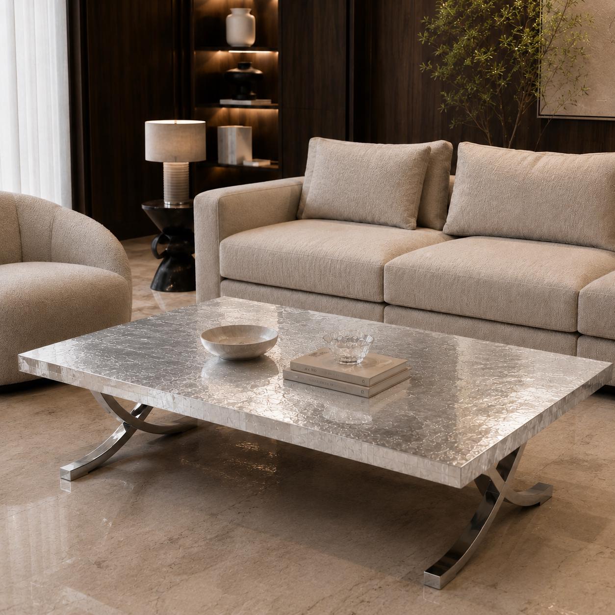 Silver Leaf Epoxy Coffee Table, Custom Resin Center Table with Metal Legs