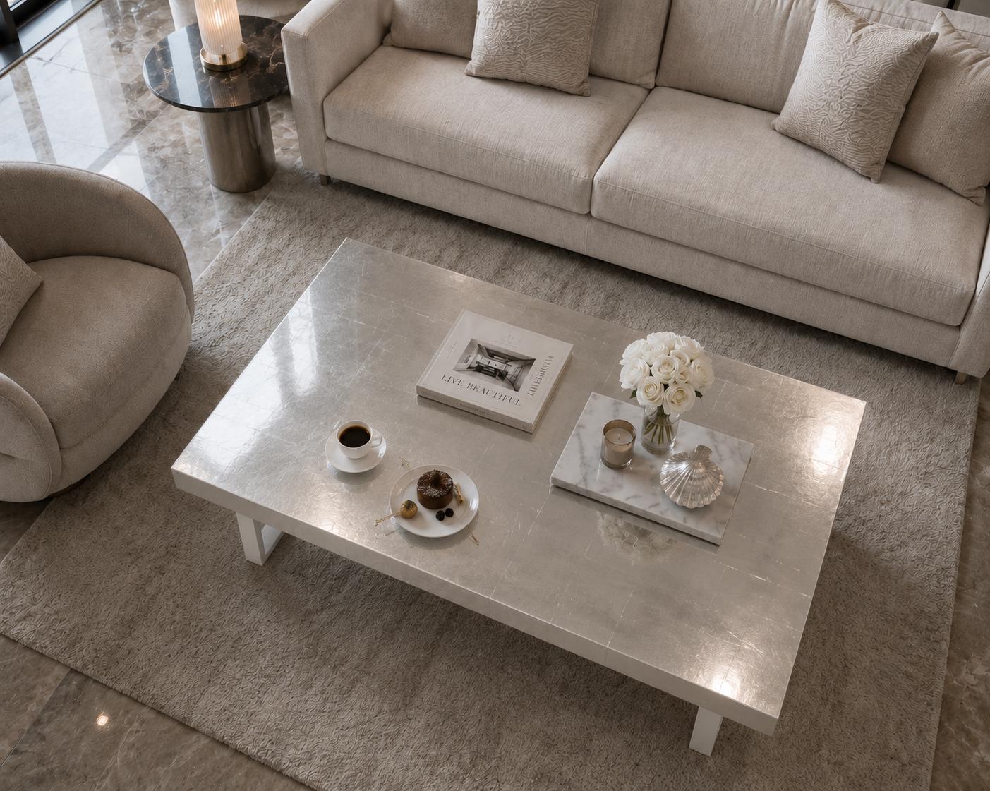 Silver Leaf Epoxy Coffee Table, Custom Resin Center Table with Metal Legs