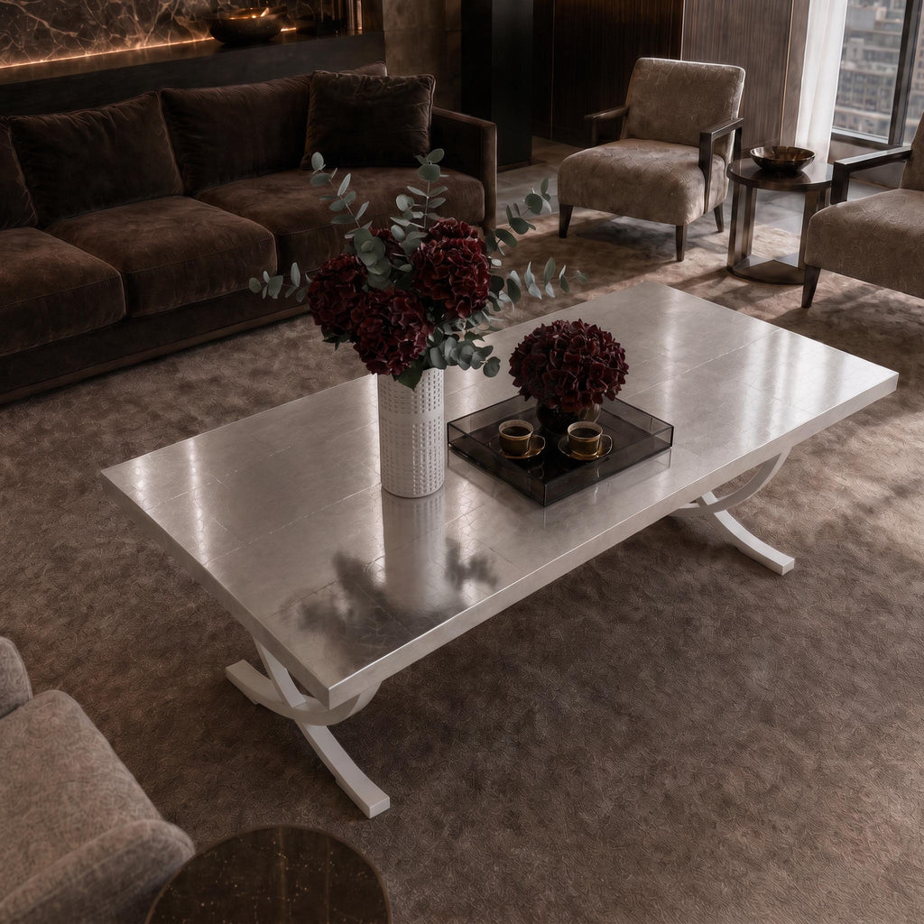 Silver Leaf Epoxy Coffee Table, Custom Resin Center Table with Metal Legs