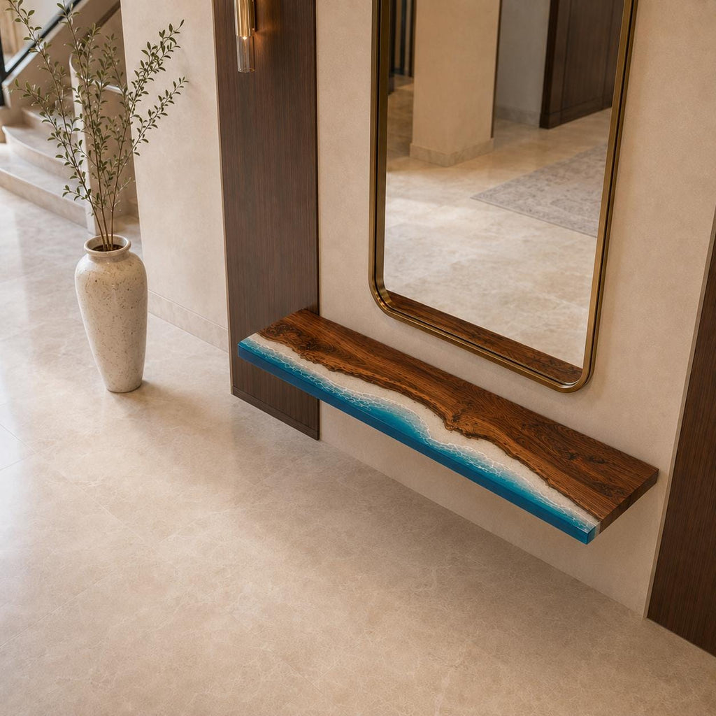 Walnut Epoxy Floating Shelf, Custom Live Edge Wall Shelf in Transparent Colors