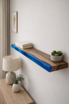Walnut Wood Floating Shelf with Transparent Epoxy Resin, Handmade Live Edge Wall Shelf, Custom Color