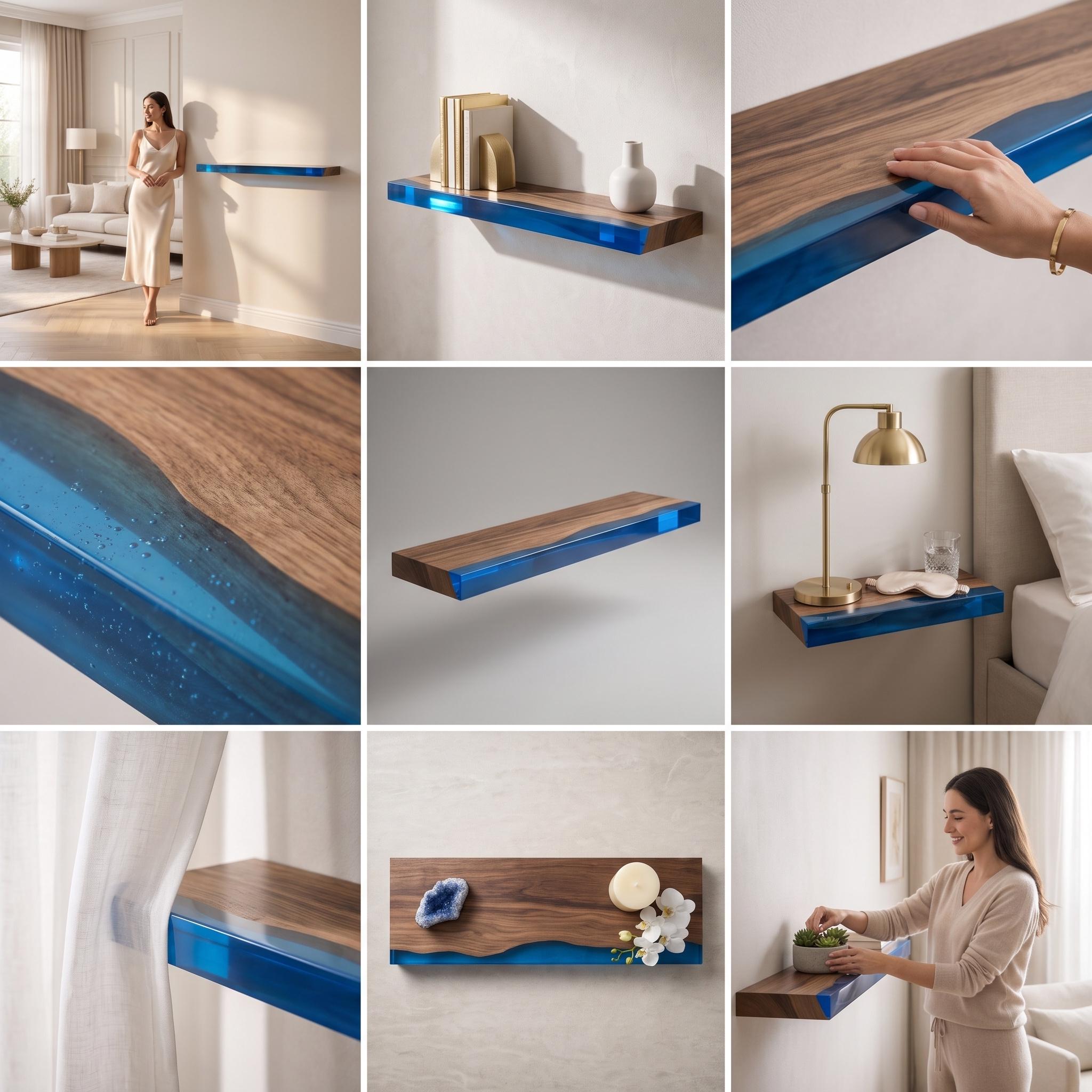 Walnut Wood Floating Shelf with Transparent Epoxy Resin, Handmade Live Edge Wall Shelf, Custom Color