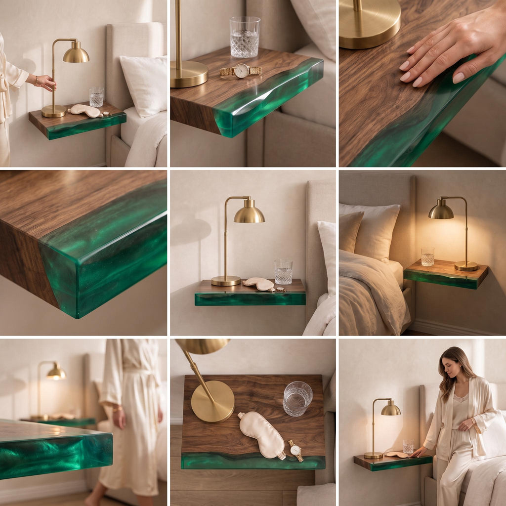 Walnut Wood Floating Shelf with Transparent Epoxy Resin, Handmade Live Edge Wall Shelf, Custom Color
