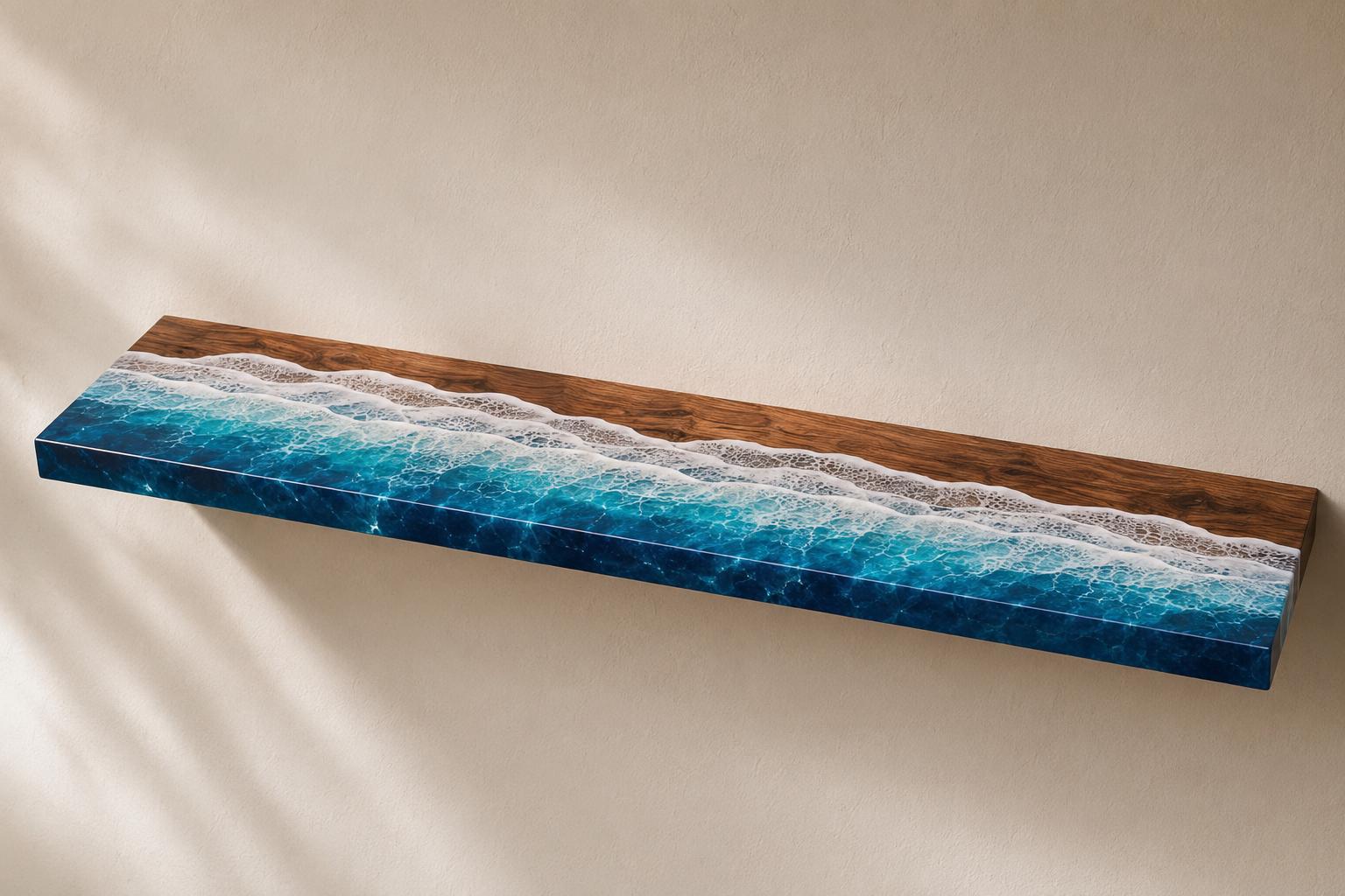 Ocean Epoxy Floating Shelf, Walnut Wood Wall Shelf, Coastal Bathroom Decor, Handmade Resin Shelf, Custom Size