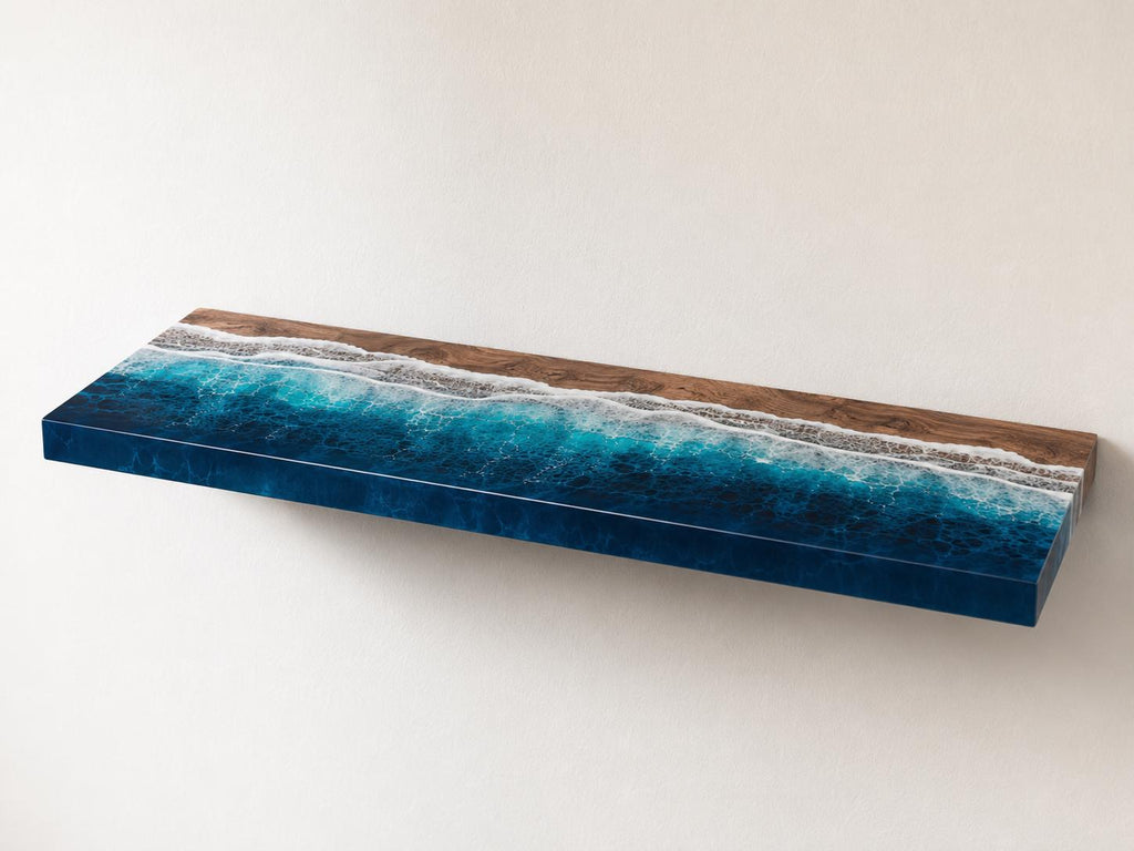 Ocean Epoxy Floating Shelf, Walnut Wood Wall Shelf, Coastal Bathroom Decor, Handmade Resin Shelf, Custom Size