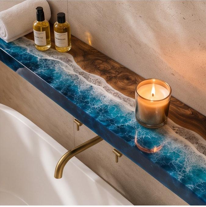 Ocean Epoxy Floating Shelf, Walnut Wood Wall Shelf, Coastal Bathroom Decor, Handmade Resin Shelf, Custom Size