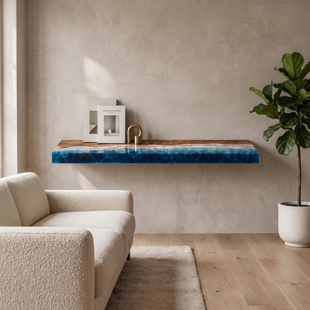 Ocean Epoxy Floating Shelf, Walnut Wood Wall Shelf, Coastal Bathroom Decor, Handmade Resin Shelf, Custom Size