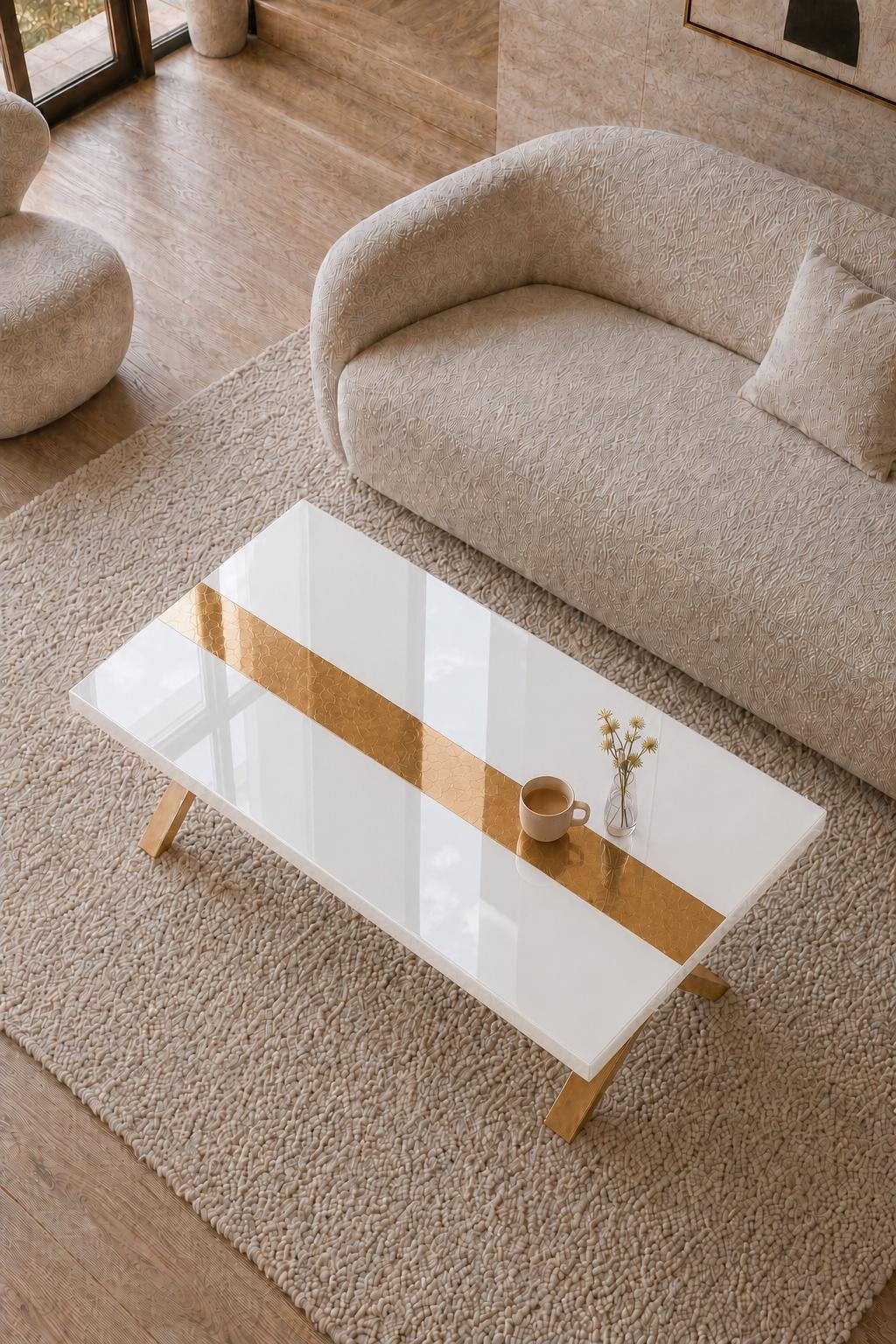 Custom White Epoxy Table with Genuine 24K Gold Leaf Stripe | Coffee or Dining Table