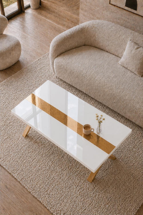 Custom White Epoxy Table with Genuine 24K Gold Leaf Stripe | Coffee or Dining Table