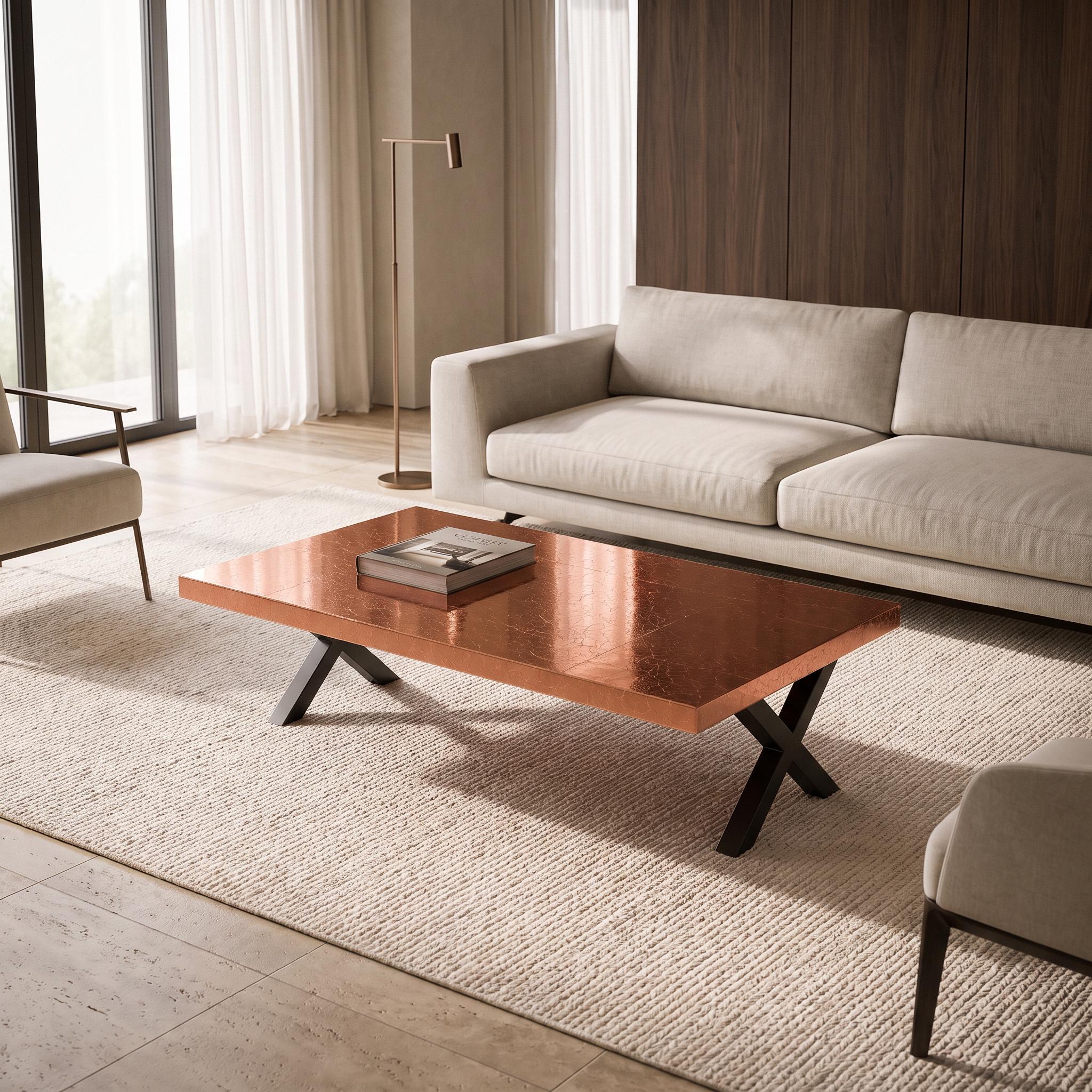 Tavolino da Caffè in Resina Epossidica con Foglie di Rame, Tavolino Centrale Personalizzato in Resina con Gambe in Metallo
